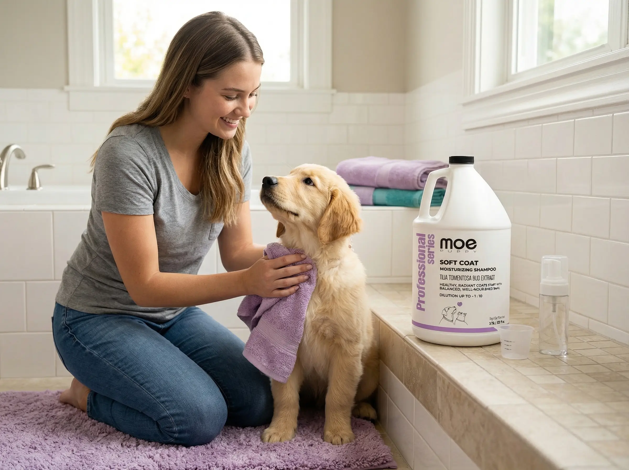 A woman bonding with her Golden Retriever, showcasing Moe Puppy premium shampoo